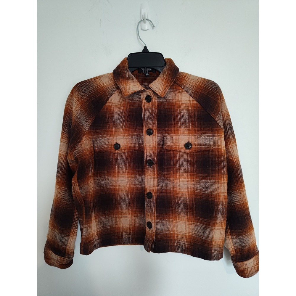 Madewell Plaid Flannel Shirt Jacket Cropped Shacket Brown Orange XS